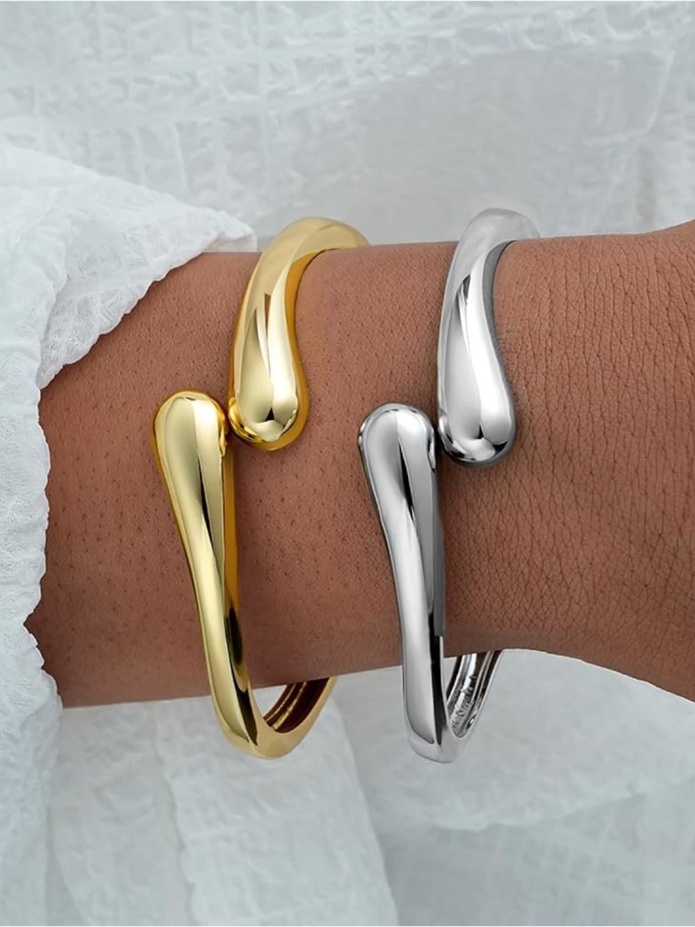 14K Gold Plated Sculptural Cuff Bracelet Duo - Gold and Silver